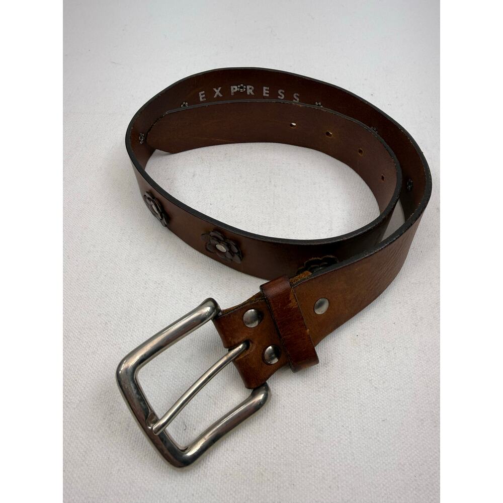 Vintage Y2K Express Brown Leather Belt Silver Tone Buckle Floral Sz Small 32”